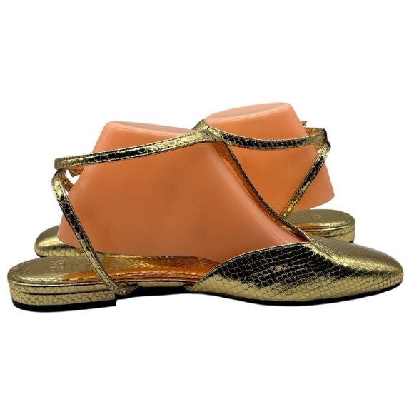 ZARA Gold Front Strap Flats Shoes Women’s Sz 41 US SZ 10 Snakeskin - Picture 7 of 13